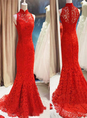 Beach Dress, Red Lace Mermaid Long Formal Gown, Red Bridesmaid Dress