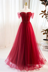 Homecoming Dresses Sparkle, Red Off-Shoulder Beaded A-line Tulle Long Prom Dress