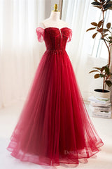 Homecoming Dress Sparkles, Red Off-Shoulder Beaded A-line Tulle Long Prom Dress