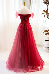 Homecoming Dress Sparkle, Red Off-Shoulder Beaded A-line Tulle Long Prom Dress