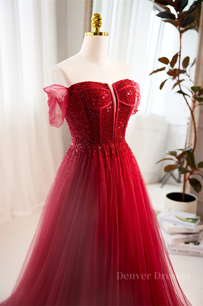 Homecoming Dresses Sparkles, Red Off-Shoulder Beaded A-line Tulle Long Prom Dress