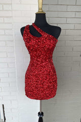 Wedding Guest Outfit, Red One Shoulder Cutout Short Homecoming Gown Sequined Cocktail Dress