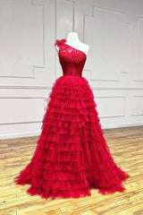 Evening Dress Dresses, Red One Shoulder Tulle Layers Long Prom Dress with Lace, A-Line Evening Party Dress