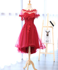 Dress, Red Round Neck Lace Tulle Short Prom Dress