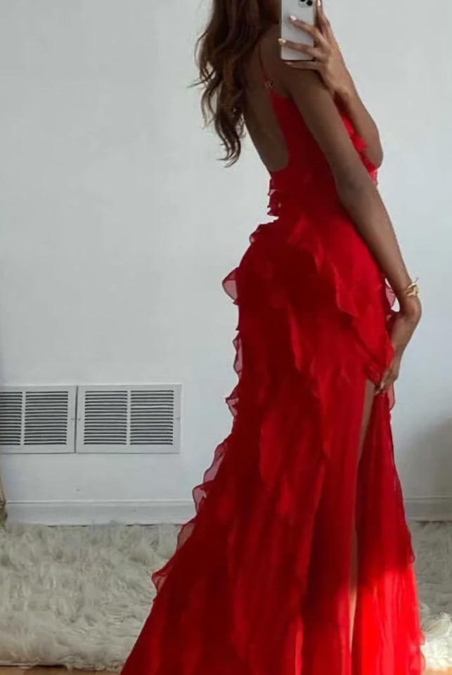Prom Dresses On Sale, Red Ruffles Long Formal Dress Elegant Evening Dresses Mermaid