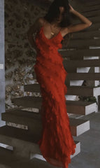 Prom Dresses Styles, Red Ruffles Long Formal Dress Elegant Evening Dresses Mermaid