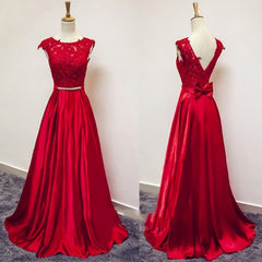 Bridesmaid Dress Custom, Red Satin and Lace Round Neckline Evening Gown, A-line Formal Gown