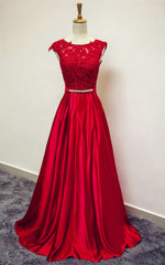 Bridesmaid Dresses Beach, Red Satin and Lace Round Neckline Evening Gown, A-line Formal Gown