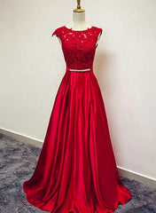 Bridesmaid Dress Sale, Red Satin and Lace Round Neckline Evening Gown, A-line Formal Gown