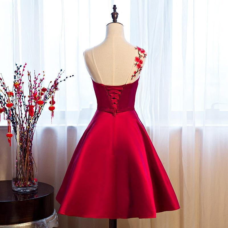 Prom Dress Shiny, Red Satin Knee Length Party Dress, Cute Bridesmaid Dress
