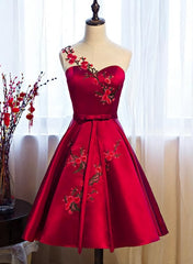 Prom Dresses Shiny, Red Satin Knee Length Party Dress, Cute Bridesmaid Dress