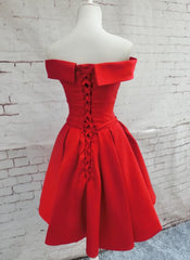 Prom Dress Chiffon, Red Satin Short Party Dress, Red Off Shoulder Homecoming Dress