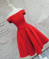 Prom Dress And Boots, Red Satin Short Party Dress, Red Off Shoulder Homecoming Dress