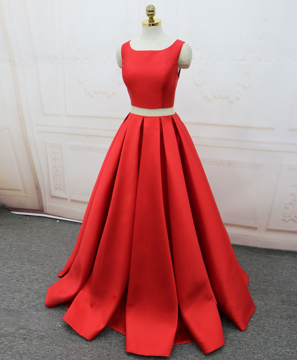 Bridesmaids Dresses Fall, Red Satin Two Pieces Long Prom Dress Red Long Evening Dress