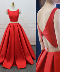 Bridesmaides Dresses Fall, Red Satin Two Pieces Long Prom Dress Red Long Evening Dress