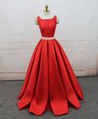 Bridesmaid Dress Colours, Red Satin Two Pieces Long Prom Dress Red Long Evening Dress