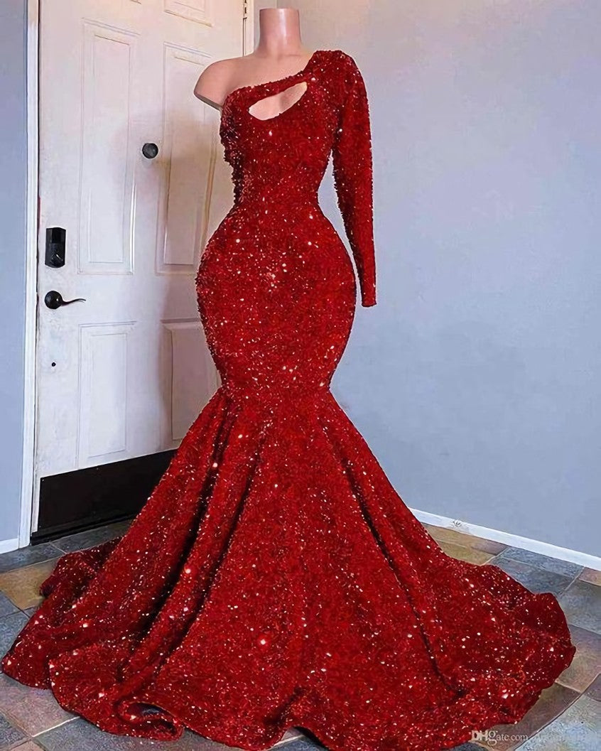 Bridesmaids Dresses Satin, Red Sequined Black Girls Mermaid Prom Dresses One Shoulder Long Sleeve Evening Gowns