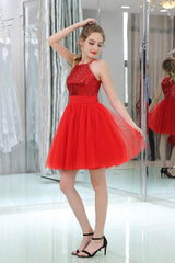 Formal Dresses For Winter Wedding, Red Sequined Tulle Strapless Homecoming Dresses