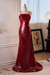Homecoming Dresses Classy, Red Sequins Mermaid Straps Lace-Up Long Prom Dress