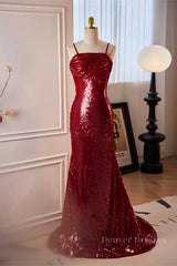 Homecoming Dresses Ideas, Red Sequins Mermaid Straps Lace-Up Long Prom Dress