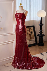 Homecoming Dresses Idea, Red Sequins Mermaid Straps Lace-Up Long Prom Dress