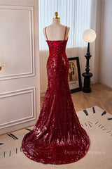Homecoming Dress Ideas, Red Sequins Mermaid Straps Lace-Up Long Prom Dress