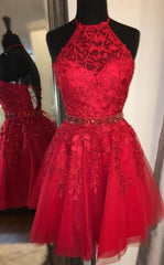 Party Dress Outfits, Red Short Homecoming Dresses,Formal Lace Hoco Dress with Beading