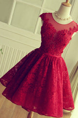 Bridesmaid Dresses With Sleeve, Red Short Lace Homecoming Dresses,Knee-length Prom Dress,Party Gown