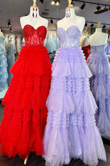 Dinner Dress Classy, Red Sweetheart Sequins Top Multi-Layers Long Prom Dress,Tiered Formal Dresses