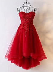 Bridesmaid Dresses Long, Red Sweetheart Tulle High Low Homecoming Dress , Red Party Dress