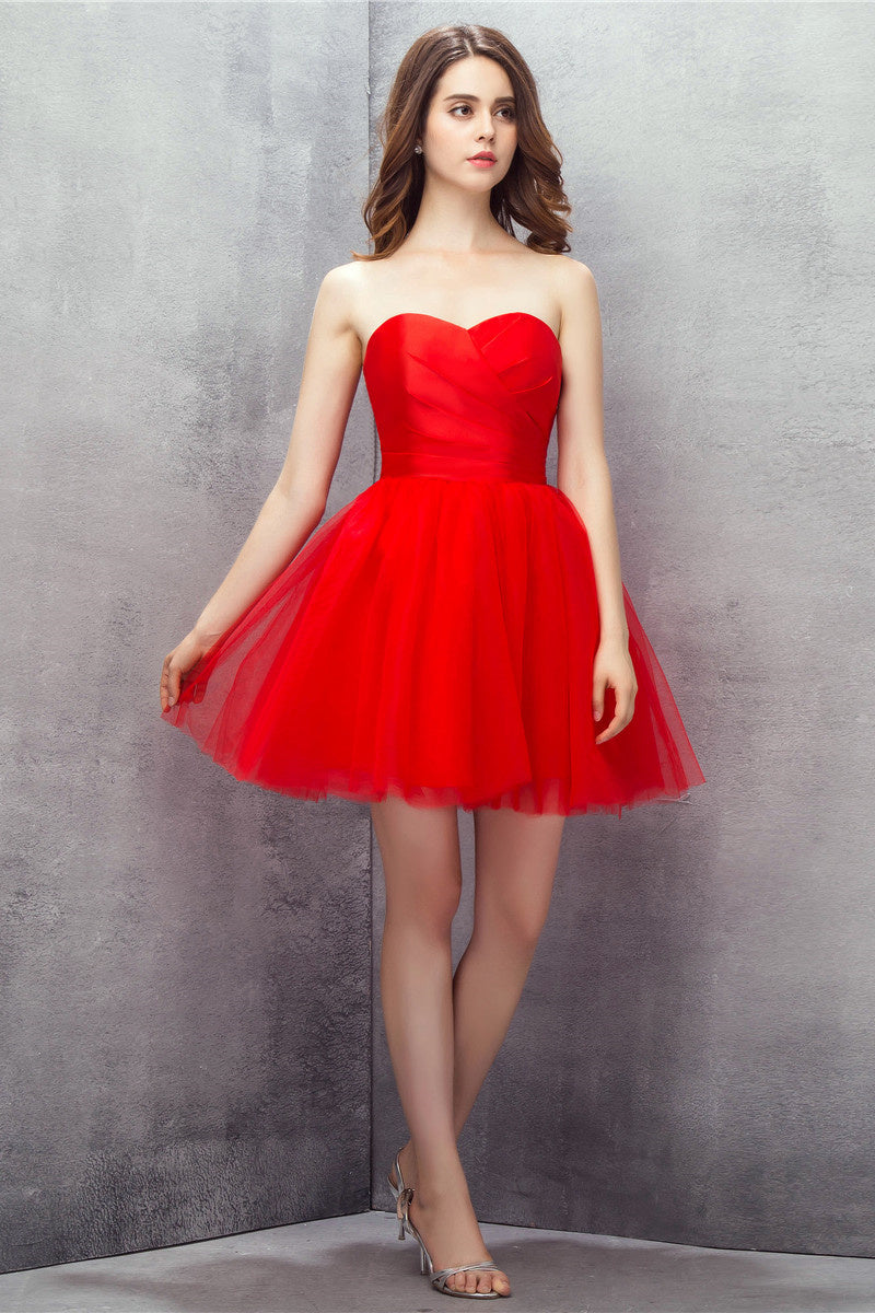 Party Dress For Babies, Red Sweetheart Tulle Short Mini Homecoming Dresses