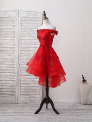 Party Dresses Sale, Red Tulle Lace Off Shoulder Short Prom Dress, Red Homecoming Dress