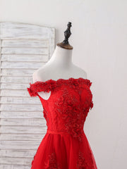 Party Dress Dress, Red Tulle Lace Off Shoulder Short Prom Dress, Red Homecoming Dress
