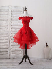 Party Dress Sales, Red Tulle Lace Off Shoulder Short Prom Dress, Red Homecoming Dress