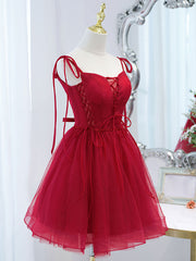 Formal Dressing Style, Red Tulle Lace Short Prom Dress Red Lace Puffy Homecoming Dress