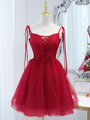 Formal Dress Outfit, Red Tulle Lace Short Prom Dress Red Lace Puffy Homecoming Dress