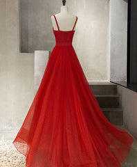 Rustic Wedding, Red Tulle Long Prom Dress, Red Tulle Evening Dress