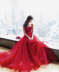 Bridesmaids Dress Modest, Red Tulle Long Prom Dress, Red Tulle Evening Dress