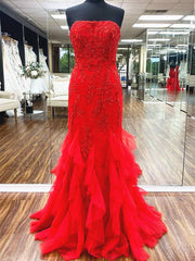 Party Dress Beige, Red Tulle Ruffle Lace Mermaid Prom Dresses, Red Lace Ruffle Mermaid Long Formal Evening Dresses