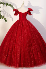 Homecoming Dresses Classy Elegant, Red Tulle Sequins Long Formal Dress, Off the Shoulder Evening Dress