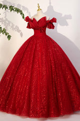 Homecoming Dresses 2022, Red Tulle Sequins Long Formal Dress, Off the Shoulder Evening Dress