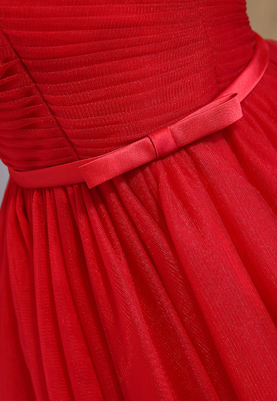 Evening Dress Long, Red Tulle Short Prom Dresses,A-Line Semi Formal Dress