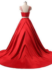 Floral Dress, Red Two Pieces Satin Long Prom Dress, Red Satin Formal Evening Dress