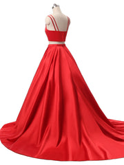 Yellow Prom Dress, Red Two Pieces Satin Long Prom Dress, Red Satin Formal Evening Dress