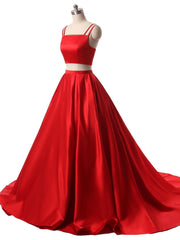 Vintage Prom Dress, Red Two Pieces Satin Long Prom Dress, Red Satin Formal Evening Dress