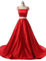 Green Dress, Red Two Pieces Satin Long Prom Dress, Red Satin Formal Evening Dress