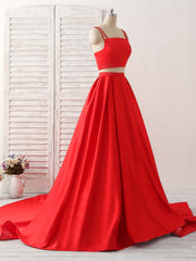 Prom Dress Ideas, Red Two Pieces Satin Long Prom Dress Simple Red Evening Dress