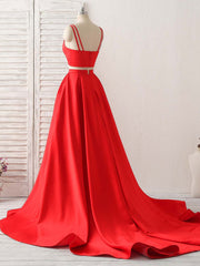 Prom Dresses Long, Red Two Pieces Satin Long Prom Dress Simple Red Evening Dress