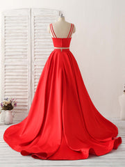 Prom Dresses Short, Red Two Pieces Satin Long Prom Dress Simple Red Evening Dress