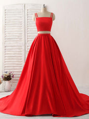 Prom Dresses Short, Red Two Pieces Satin Long Prom Dress Simple Red Evening Dress
